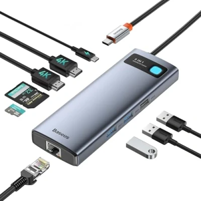 Immagine di Baseus Docking Station USB C a Doppio Monitor, 9 in 1 HUB Dual 4K HDMI, Gigabit Ethernet, 100W PD, Lettore Schede SD/TF, 3 USB, adattatore multiporta per MacBook/Dell/HP/Surface/Lenovo