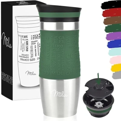 Immagine di Milu Tazza Termica da viaggio per caffè 370ml 450ml 100% a Prova di perdite Isolata e tè portare via bere in acciaio inossidabile Caldo freddo (Oliva, 370ml)