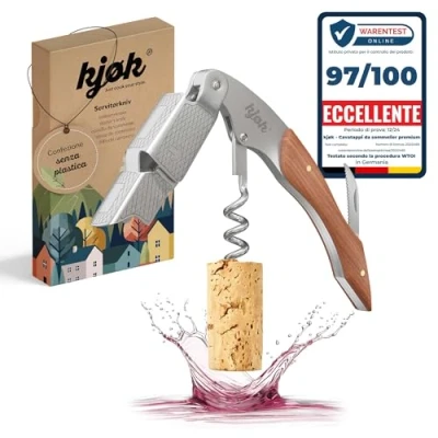 Immagine di kjøk Premium Cavatappi in Acciaio Inossidabile Spazzolato con Manico Legno e Taglia Capsule Coltello Professionale da Sommelier, Apribottiglie Elegante Utensile Cameriere