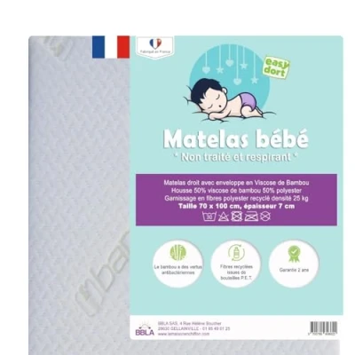 Immagine di Easy Dort Materasso per bambini 70 x 100 cm, culla o culla, spessore 7 prodotto in Francia, antibatterico, estate e inverno, double face, molto confortevole, rivestimento bambù, Oeko tex®,