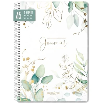 Immagine di paper&amp;you® Bullet Journal punteggiato A5 con rilegatura a spirale &quot;foglia d&#039;oro&quot; 160 pagine, taccuino spirale, blocco universitario, per appunti sostenibile