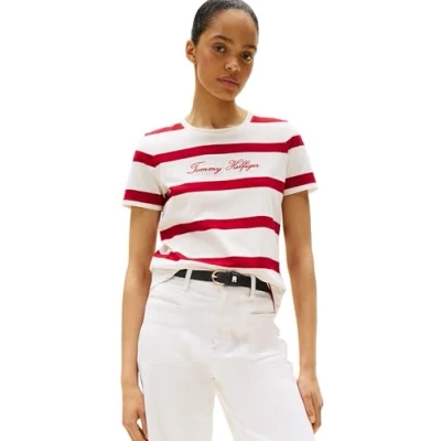 Immagine di Tommy Hilfiger Donna T shirt Maniche Corte Script con Scollo Rotondo, Multicolore (Breton Stp Iovry / Med Red), XXS