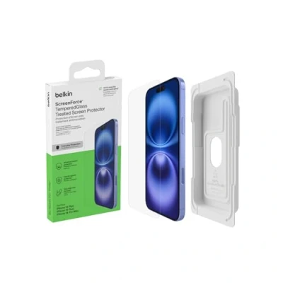 Immagine di Belkin ScreenForce TemperedGlass Proteggi schermo antimicrobico, pellicola protettiva, vetro temperato per iPhone 15 Plus/14 Pro Max, trasparente, antigraffio, supporto di allineamento, senza bolle