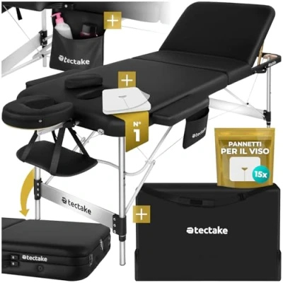 Immagine di TecTake® Lettino da Massaggio Pieghevole a 3 Zone, Portatile, Estetista con Poggiatesta e Poggiapiedi Regolabili, per Massaggi Custodia Inclusa 70 cm, Nero