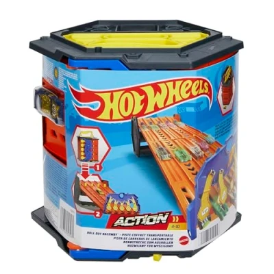Immagine di Hot Wheels Pista Srotolabile Super Discesa, Bauletto Si Trasforma in A 5 Corsie, Include 1 Macchinina Scala 1:64, Giocattolo per Bambini 4 10 Anni, Multicolore, ‎20.3 x 23.2 22.53 cm