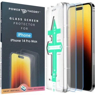 Immagine di Power Theory Pellicola protettiva per schermo iPhone 14 Pro Max resistente agli urti in vetro temperato durezza 9H, senza bolle, compatibile con custodia, antigraffio, anti sbavature, confezione da 2