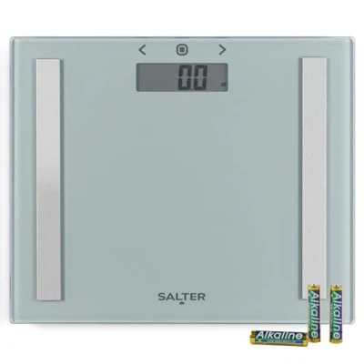 Immagine di Salter 9113 SV3R bilancia peso e massa grassa vetro, cap. max 150 kg, mem. per 8 utenti, atleta, bambini adulti, grasso/acqua corporei, BMI, argento