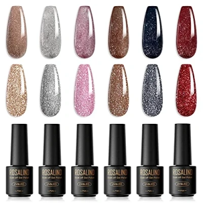 Immagine di ROSALIND Smalto Semipermanente, 6 Colori Mini Smalti Semipermanenti per Unghie Marrone Argento Rosa Nero Rosso Glitter Gel UV/LED Kit Nail Polish Manicure Regalo di San Valentino