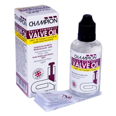 Immagine di Olio per Valvole Sintetico Champion Tromba, Cornetta e piccoli strumenti musicali in ottone. Prodotto nel Regno Unito. Flacone da 50 ml.