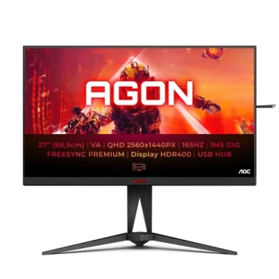 Immagine di AOC AGON AG275QXN Monitor Gaming QHD da 27 pollici, 165 Hz, 1 ms, HDR400, FreeSync Premium (2560x1440, HDMI, DisplayPort, hub USB), colore nero/rosso