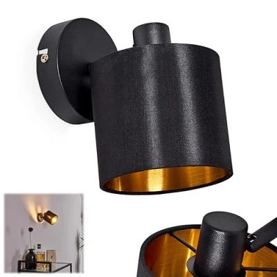 Immagine di lampada da parete Alsen, in metallo/tessuto nero/oro, 1 luce, attacco E14, spot regolabile con paralume tessuto dal design retrò/vintage, senza lampadina/e