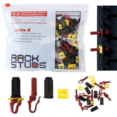 Immagine di Rackstuds R100 Supporto Montaggio Rack Soluzione II Sostituzione Dado Gabbia e Vite per Guide Verticali Server 19&#039;&#039; con Fori Quadri Rosso 100 Pezzi 2.22mm