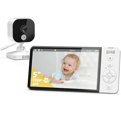 Immagine di GHB Baby Monitor Video e Audio 5&quot; 720P HD Telecamera Bambini con Schermo IPS 5000mAh VOX Visione Notturna Rilevamento della Temperatura