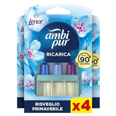 Immagine di Ambi Pur 3Volution Profumatore per Ambienti, 4 Ricariche Diffurore Elettrico, Fragranza Lenor Risveglio Primaverile, Teconologia Elimina Odori, Fino a 90 Giorni di Profumo Ricarica