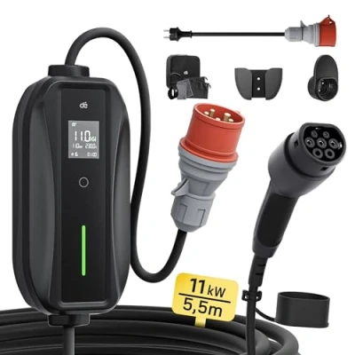 Immagine di dé Mobile Wallbox/stazione di ricarica 11 kW [3 fasi5,5 m6 16 A] con potenza regolabile, cavo CEE 16A a tipo 2 ed EV caricatore per modello Y/3, ID.3/4/5, MG4, EX30, e up