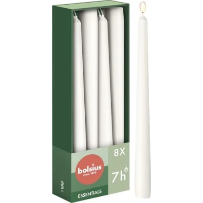 Immagine di Bolsius Candele affusolate Bianco Confezione da 8 24,5 cm decorative per la casa Durata di 7 ore Non profumate Include cera naturale vegana senza olio palma