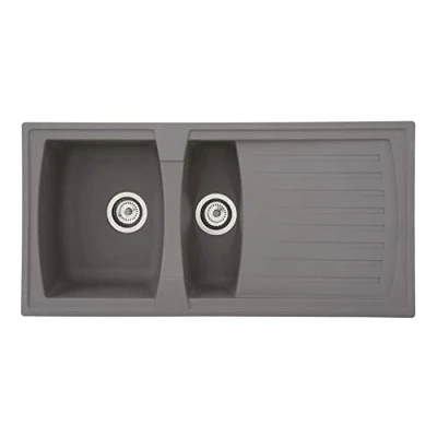 Immagine di Respekta Lavello da cucina Boston in mineralite color grigio cemento / incasso a 1,5 vasche, dimensioni 100 x 50 cm adatto per mobili sottolavello 60 di larghezza