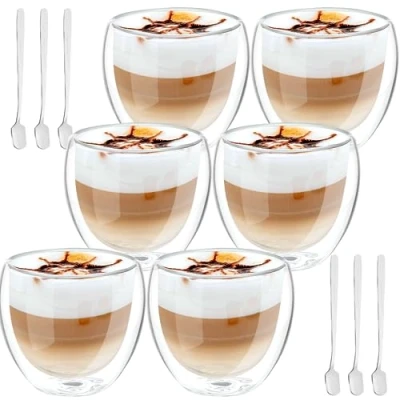 Immagine di Gowkeey Tazzine Caffe Vetro Doppia Parete, Bicchieri Borosilicato, 250ml Tazza Doppio Vetro, Tazze da Cappuccino in con 6 Cucchiaini, Bicchierini Caffè Caffè,6 Pezzi