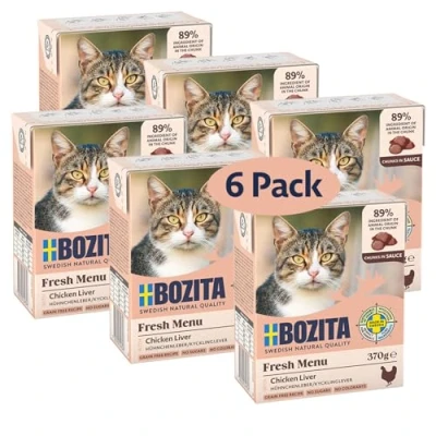Immagine di Bozita Alimenti umidi in salsa con fegato di pollo, confezione da 6 pezzi 370 g, gustoso cibo per gatti senza cereali e zucchero, 7,5% proteine 5% grassi,