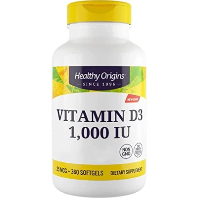 Immagine di Healthy Origins, Vitamina D3, 1.000IU, 360 Capsule, Testato in Laboratorio, Altamente Dosato, Senza Soia, Glutine, Non OGM