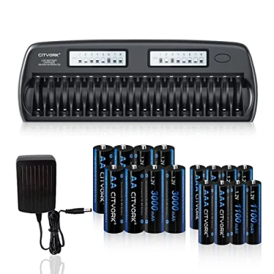 Immagine di CITYORK Caricabatterie 16 Bay LCD Smart AA/AAA con 8 batterie ricaricabili AA 3000mAh e AAA 1100mAh