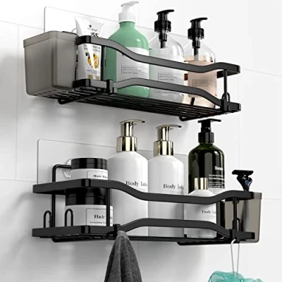 Immagine di FINIBO Mensola doccia senza foratura, 2 pezzi, autoadesiva, per il bagno, la doccia, in acciaio inox, con 4 ganci e supporti dentifricio, colore nero