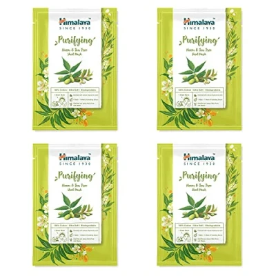 Immagine di Himalaya maschera purificante per neem e albero del tè, monouso in cotone, antiossidante, ricca di pelle chiara rinfrescata, con acido ialuronico un&#039;idratazione intensa, 4 pezzi