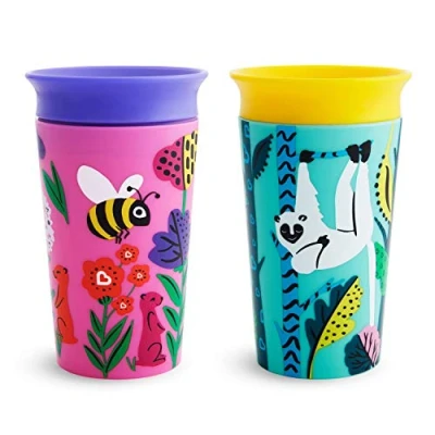 Immagine di Tazza Munchkin WildLove Miracle 360, Set di Tazze per Svezzamento Antigoccia, senza BPA Bambini a Partire da 12 Mesi, Confezione Riciclata 2, Capacità: 266 ml, Motivo: Lemure/Ape