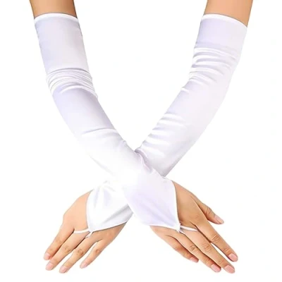 Immagine di DHSBGWSX 1 paio di guanti con dita uncinate, da donna, lunghi, senza dita, morbidi, lunghi elasticizzati, eleganti in raso (bianchi)