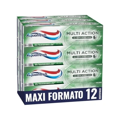 Immagine di Aquafresh Dentifricio Multi Action per tutta la Famiglia, Previene le Carie, Gengive Sane, Alito Fresco, Rimuove Macchie, Smalto Forte, Pacco da 12 dentifrici x75ml