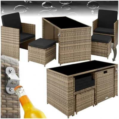 Immagine di TecTake® Salottino in Rattan Palermo, Set Sedie con Cuscini, Tavolino Salotto Lastra Vetro, Design Funzionale, Imbottitura Idrorepellente, Resistente ai Raggi UV Naturale