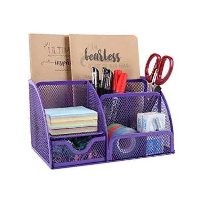 Immagine di EasyPAG organizer da scrivania in rete per ufficio, versatile, cancelleria, portapenne con cassetto, viola