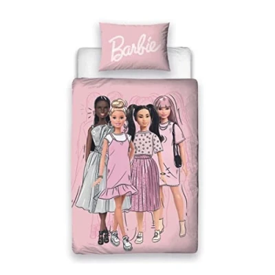 Immagine di Character World Set copripiumino singolo per bambini Barbie biancheria da letto reversibile su 2 lati con federa coordinata di rosa in policotone