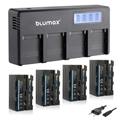 Immagine di Blumax 4 batterie NP F750 / F550 4400 mAh + caricatore rapido LCD a canali compatibile con Sony F570 F960 per flash, luci video, monitor di campo