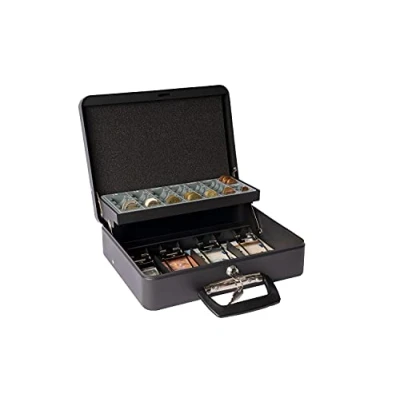 Immagine di ARREGUI Cashier Clip C9244 EUR Cassetta di sicurezza con chiave per trasportare denaro Portavalori vassoio Portamonete e fermasoldi Banconote Cassaforte portatile maniglia Nero
