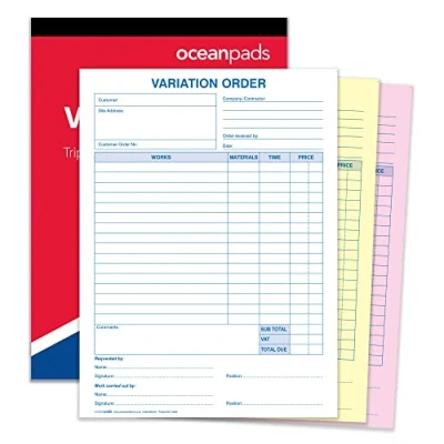 Immagine di Variation Order Book A4 210 x 297 mm, 3 parti senza carbonio, bianco/giallo/rosa, 50 set per libro, rif. 70239