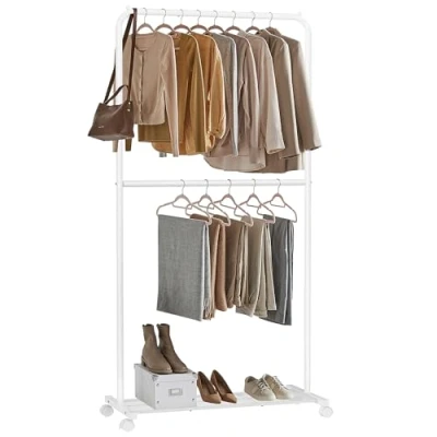 Immagine di SONGMICS Stand Appendiabiti Doppio, Struttura in Metallo, Portabiti Largo 91 cm, con Ripiano Portaoggetti e Rotelle, 2 Ruote Freni, Portata di Ogni Barra 20 kg, Bianco HSR027W01
