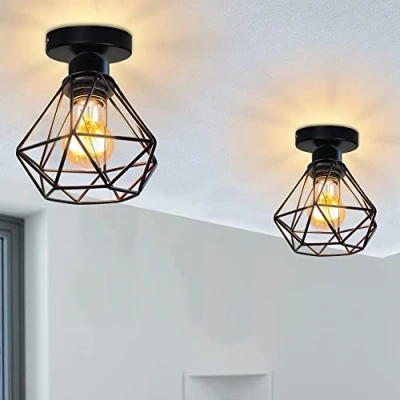 Immagine di iDEGU 2 Pezzi Plafoniere E27 Vintage Lampada da Soffitto Design Industriale in Forma di Gabbia Diamante 16cm Paralume Matal Nero Retro Lampadario per Camera Letto, Cucina, Corridoio