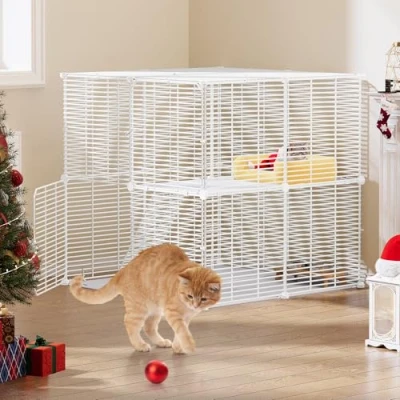 Immagine di YITAHOME Gabbia per Gatti da Esterno/Interno, Recinto con 2 Porte, 1 Scale, Box in Metallo a Livelli, Filo Metallico Denso Gatti, Coniglio, Bianco, 71x71x71cm