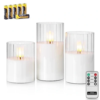Immagine di Rhytsing 3 Candele di Vetro a Led Bianco con Timer in Design Righe Verticali, Telecomando e Batterie Incluse per Natale — H 10 cm / 12,5 15