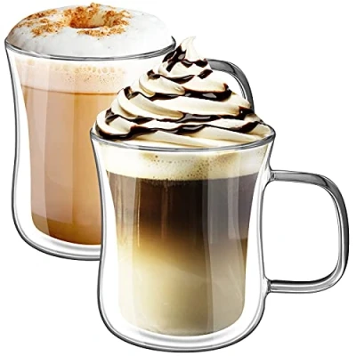 Immagine di KAMEUN Set di 2 Tazze Caffe, 350 ml Tazza in Vetro a Doppia Parete con Manico Calici da Acqua, Bicchieri Caffè Trasparente per Tè, Latte, Cappuccino, Espresso, Birra