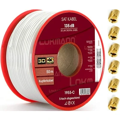 Immagine di cavo coassiale coassiale, 50 m, in rame puro, 135 dB, schermatura a 5 strati, antenna satellitare, Full HD, UHD, 4K, 8K + 10 connettori F