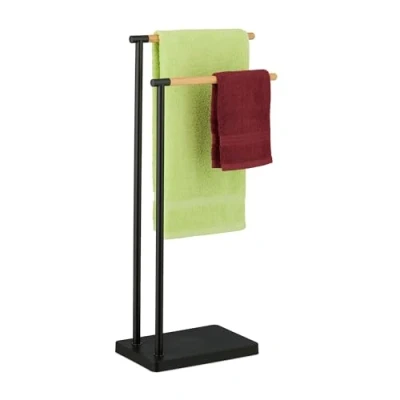 Immagine di Relaxdays Piantana Portasciugamani Autoportante, 2 Bracci in bambù e Supporto Acciaio, Porta Asciugamani Bagno, Nero, Inox, HLP: 78 x 36,5 20 cm
