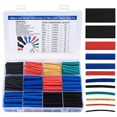 Immagine di Kit di tubi termorestringenti da 800 pezzi, assortimento KIt, per cavi elettrici isolamento termico, rapporto 2: 1 5 colori/12 dimensioni