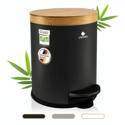 Immagine di Exitoso pattumiera da bagno 5 l, colore nero, con coperchio in legno di bambù e abbassamento automatico, cuscinetto antiscivolo, a pedale, acciaio inox, per il