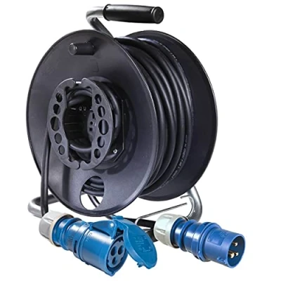 Immagine di CEE Avvolgicavo da campeggio con cavo in gomma H07RN F 3G2,5, 3 x 2,5 mm, 230 V, 16 A, attacco IP44, per esterni, campeggio, colore blu