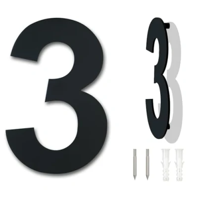 Immagine di Numero civico esterno moderno acciaio inossidabile,altezza 178 mm, placcato nero (Numero 3 Tre)