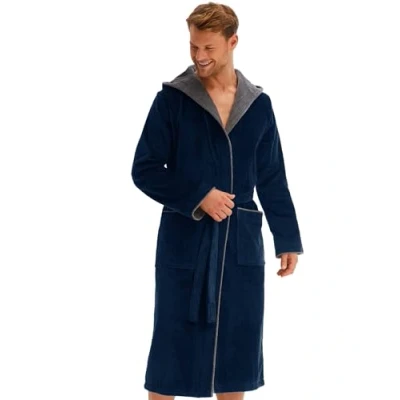Immagine di Morgenstern Accappatoio da uomo con cappuccio, 100% cotone, spugna Oeko Tex in velluto, vestaglia lunga, blu navy, L