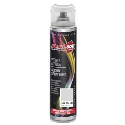 Immagine di Ambro Sol V600PAST4 Smalto Acrilico Multiuso, Vernice per Interni ed Esterni, Adatto Qualsiasi Tipo di Materiale, Bomboletta Spray in Banda Stagnata Riciclabile 600 ml, Ral 9010 Bianco Opaco