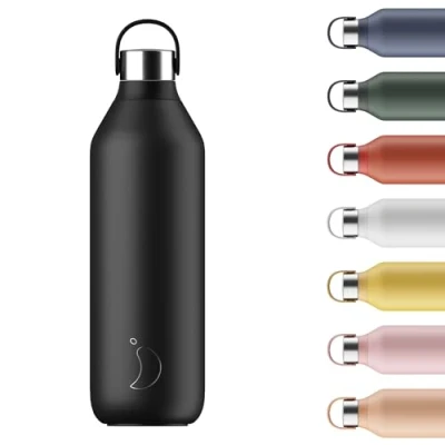 Immagine di Chilly&#039;s Bottle Series 2 Bottiglie Termiche in Acciaio Inossidabile con Colletto Liscio e Laccetto Abyss Black, 1000ml